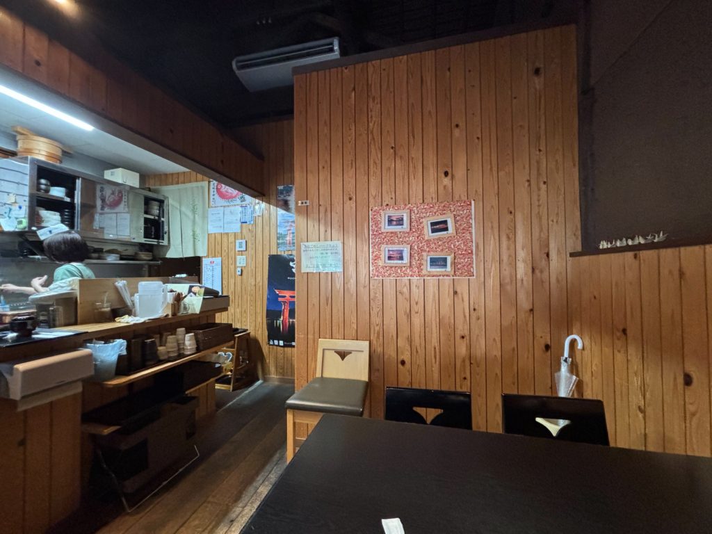 Traditional Japanese interior with wooden beams and tables