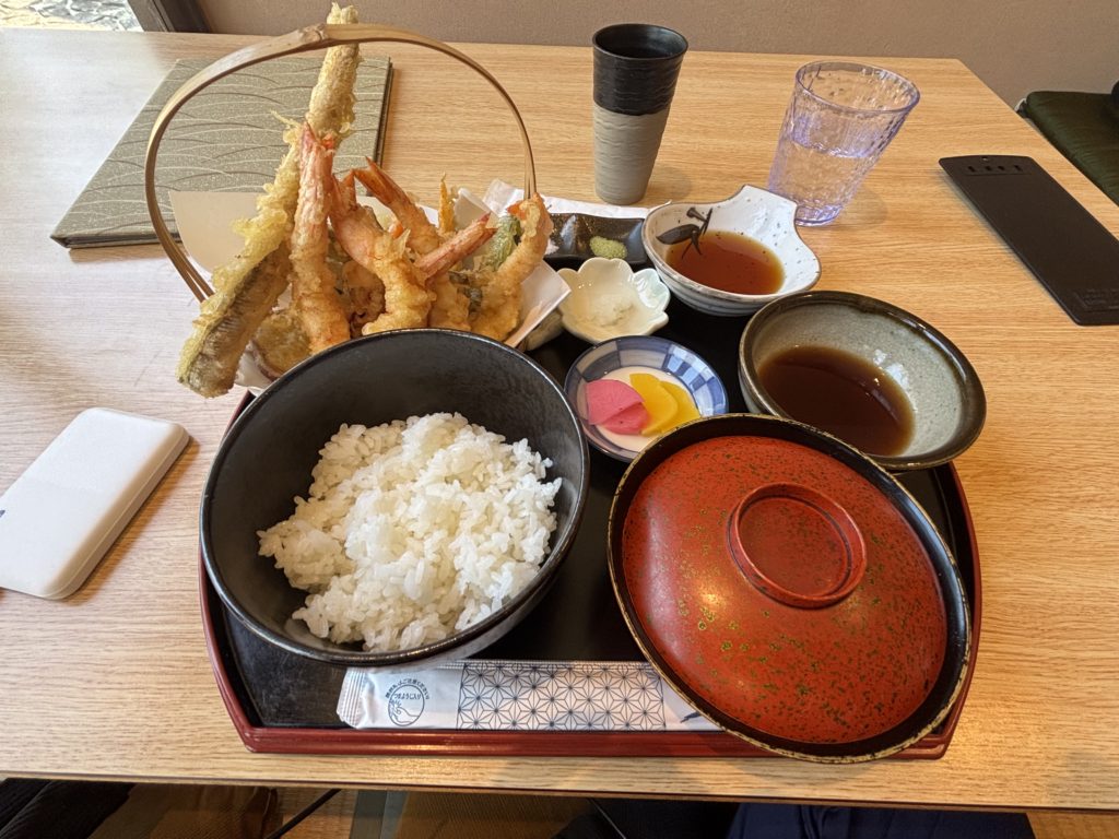 Generous tempura set meal with conger eel tempura, shrimp, and vegetables at Mishinaya
