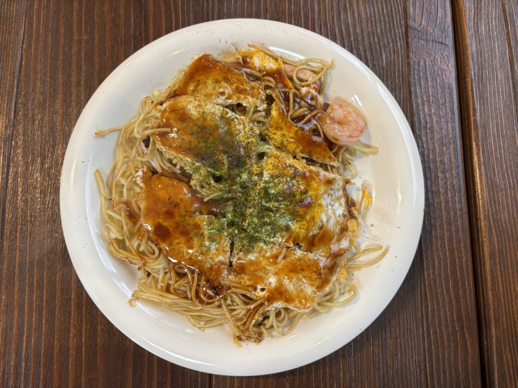 Shrimp and Squid Special okonomiyaki at Mato-chan