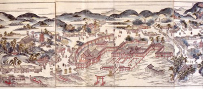 The beautiful scenery of the World Heritage Inscription Monument and Itsukushima Shrine's Great Torii Gate